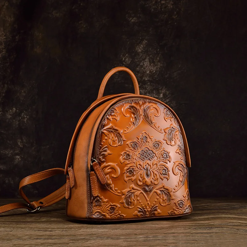 Genuine leather backpack Women top layer cowhide handmade bag Embossed small backpack Retro travel bag Leisure women bag