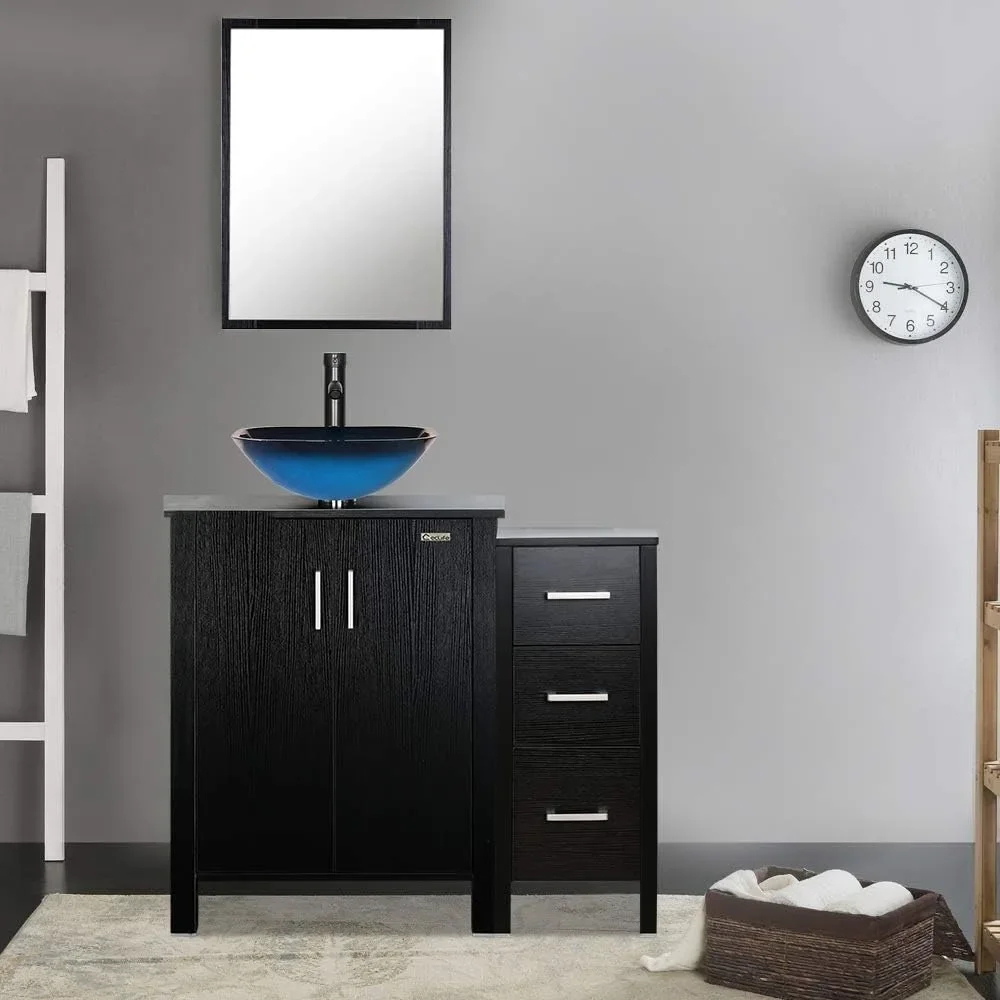 36’’ Bathroom Vanity Sink Combo Black W/Side Cabinet Vanity Ocean Blue Square Tempered Glass Vessel Sink Bathroom