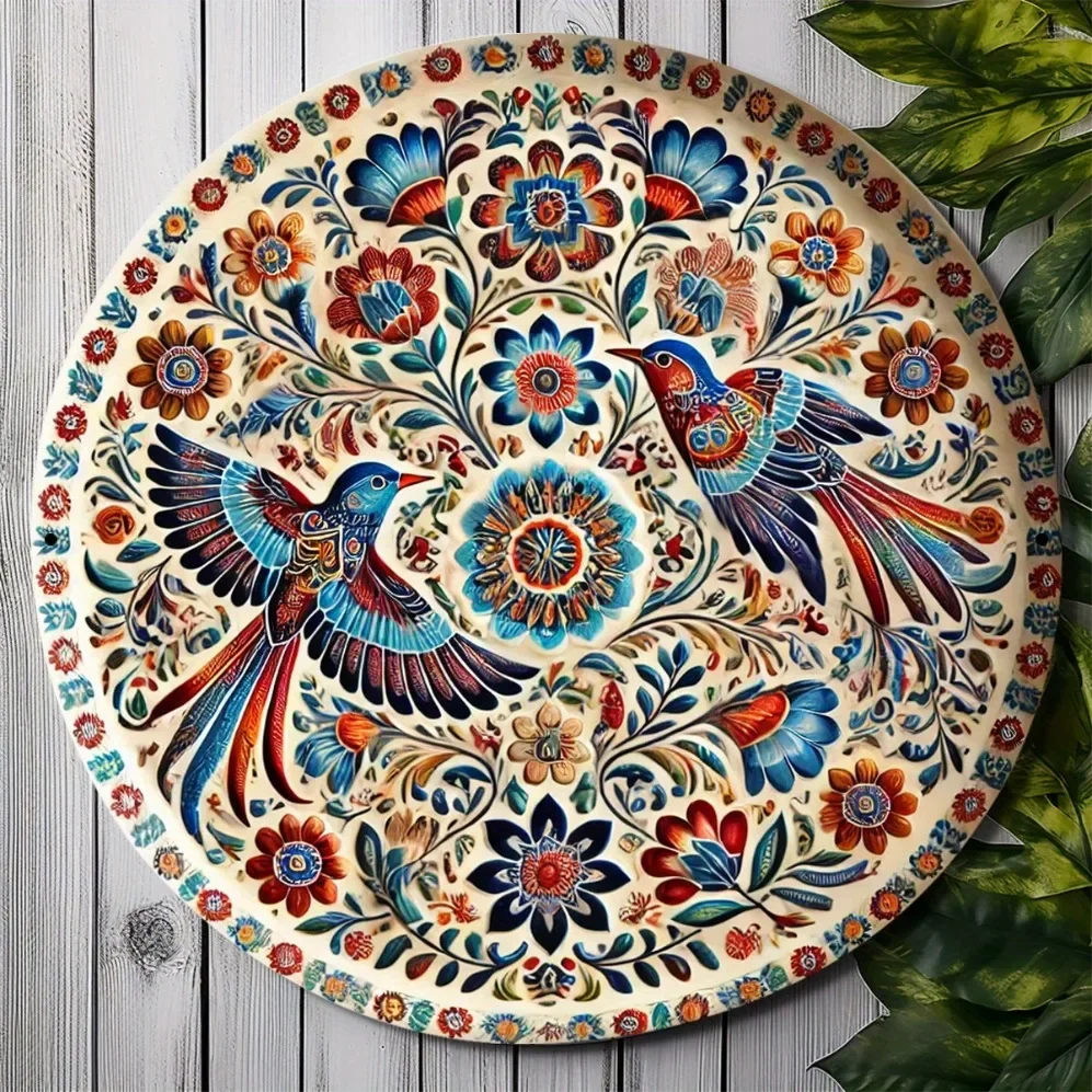 Floral Round Metal Wall Art | Iron Plate with Lush Foliage Design, Perfect for Home, Bar, or Cafe Decor,  Mexican Home Decor