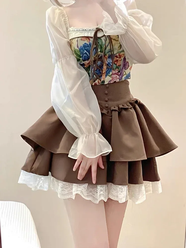 2024 letni tort Kawaii spódnica Lolita kobiet w stylu Vintage wysoki stan koronkowy patchworkowa falbanka japońska moda brązowy Retro Mini spódniczka