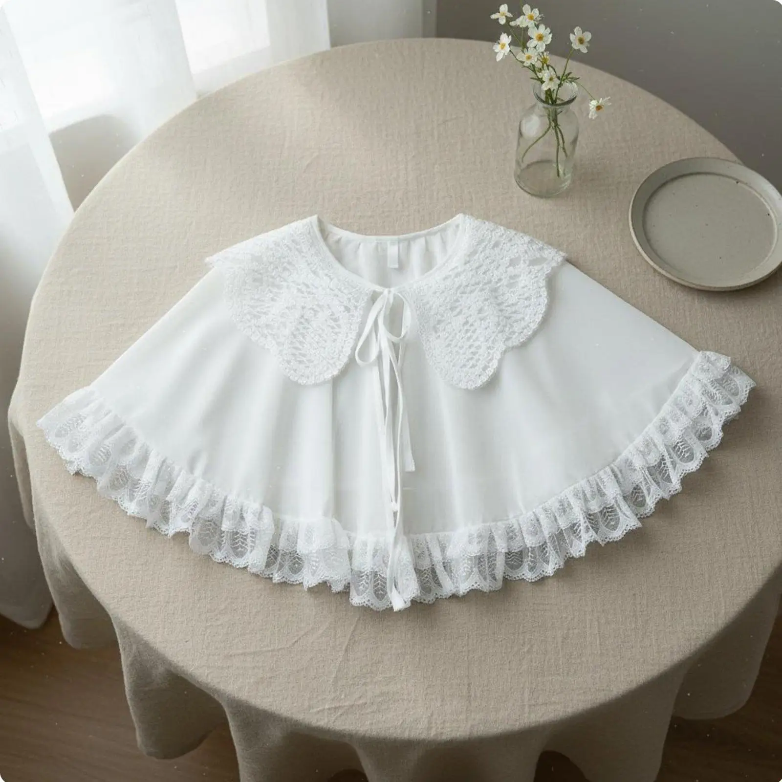Ruffle Trim Shawl Lightweight White Lace Capelet Ruffled Hem for Wedding, Brides