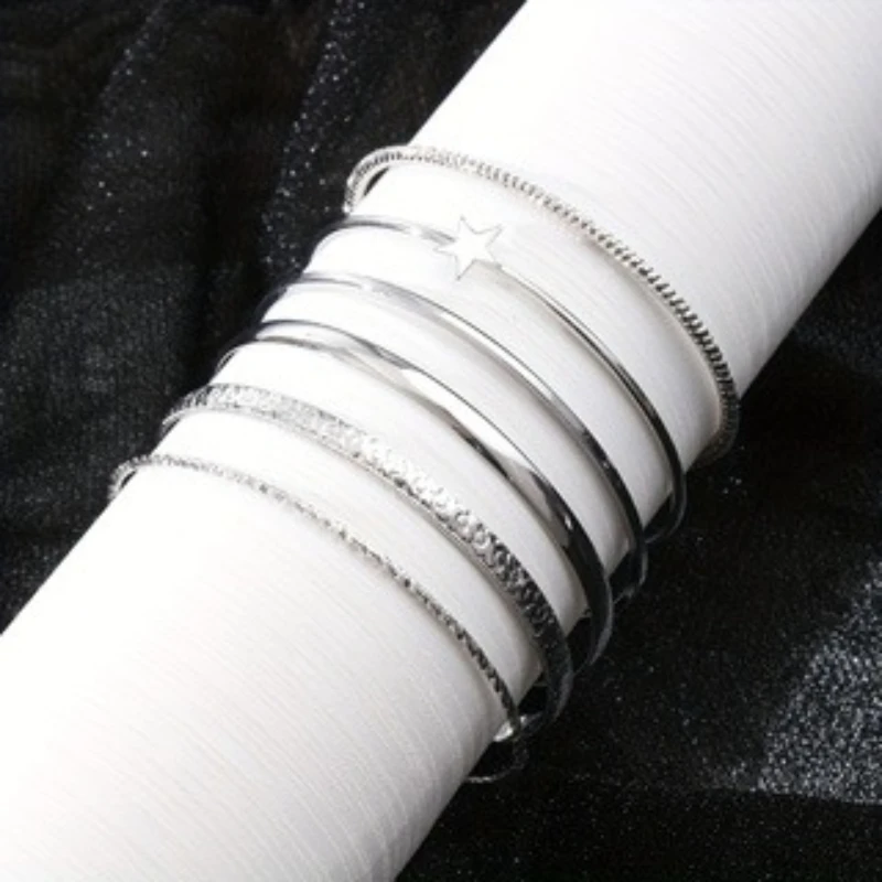 6 Pieces/set of Vintage Silver Color Patterned Star Opening Women's Bracelets, Fashionable and Trendy Daily Party Jewelry Gifts