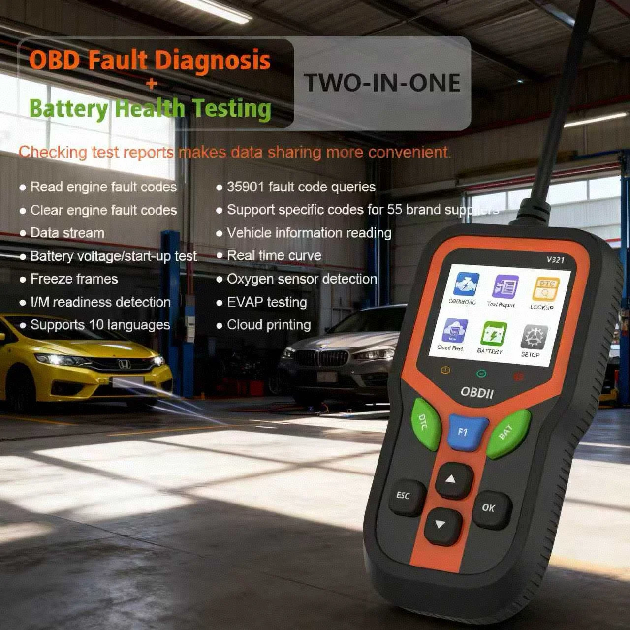 

Автомобильный диагностический сканер V321 OBD2, считыватель кодов, тестер батареи 2-в-1, 35901, коды неисправностей, 10 языков для всех транспортных средств