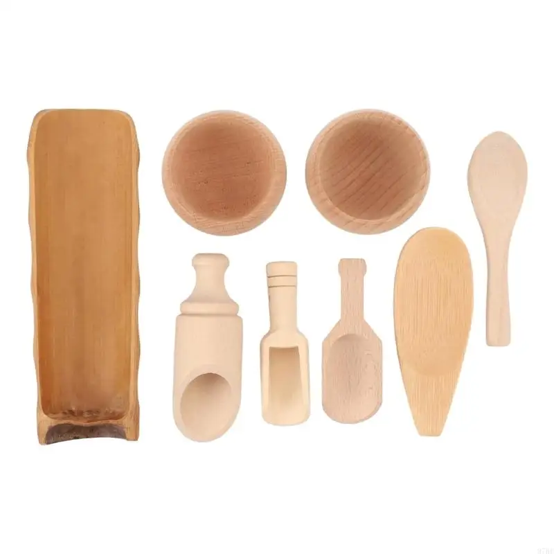 97BE Ensemble d'outils Ustensiles cuisine en bois naturel naturel pour 8 pour les tout-petits apprentissage précoce