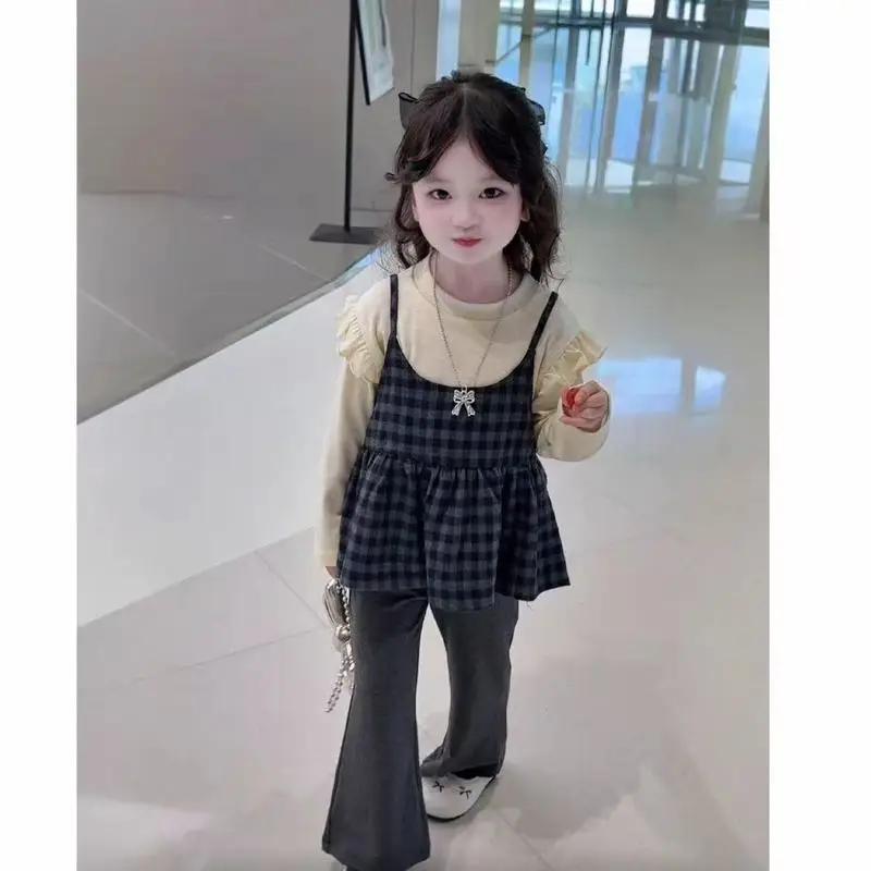 Girls' Autumn Camisole Set, New Korean Style Plaid Fall Outfit, Three-Piece Children's Fashionable Base Layer Set