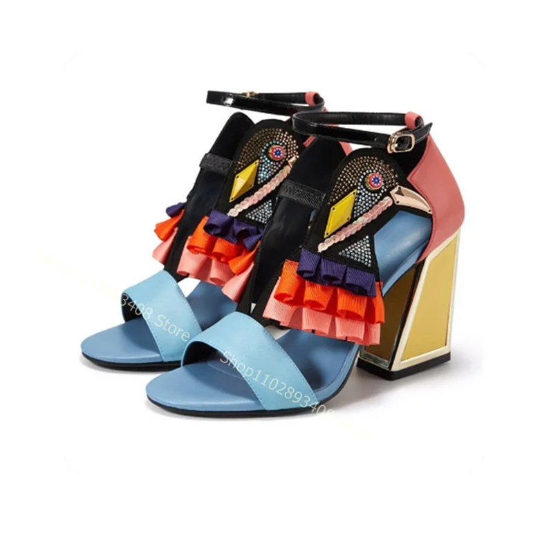 Mixed Color Crystal Totem Sandals Open Toe Cover Heel Shallow Chunky High Heels Women Summer Shoes Dress Shoes Zapatillas Mujer