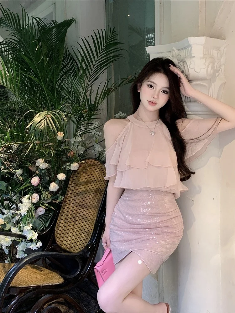 

Sweet Milkin Two-Piece Set oulder-Bared Chiffon Top Asymmetrical ort Skirt Pure Desire Spicy Autumn ature Size