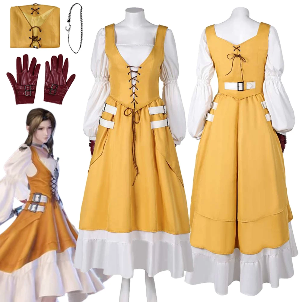 

Aerith Cosplay Yellow Dress Suit Game Final Fantasy Cosplay Costume Disguise For Girls Women Adult Halloween Carnival Party Suit