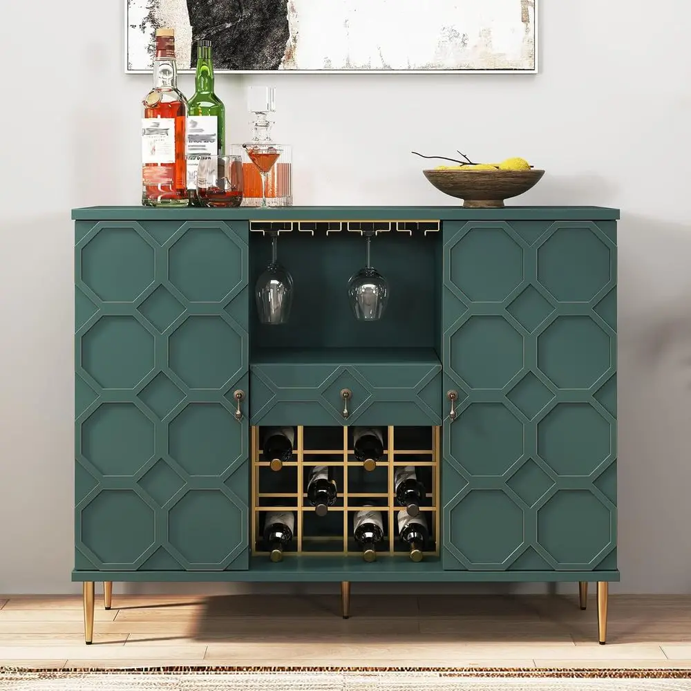 Green Geometric Door Sideboard with Wine Glass Racks and Shelves for Dining, Living, and Kitchen Areas