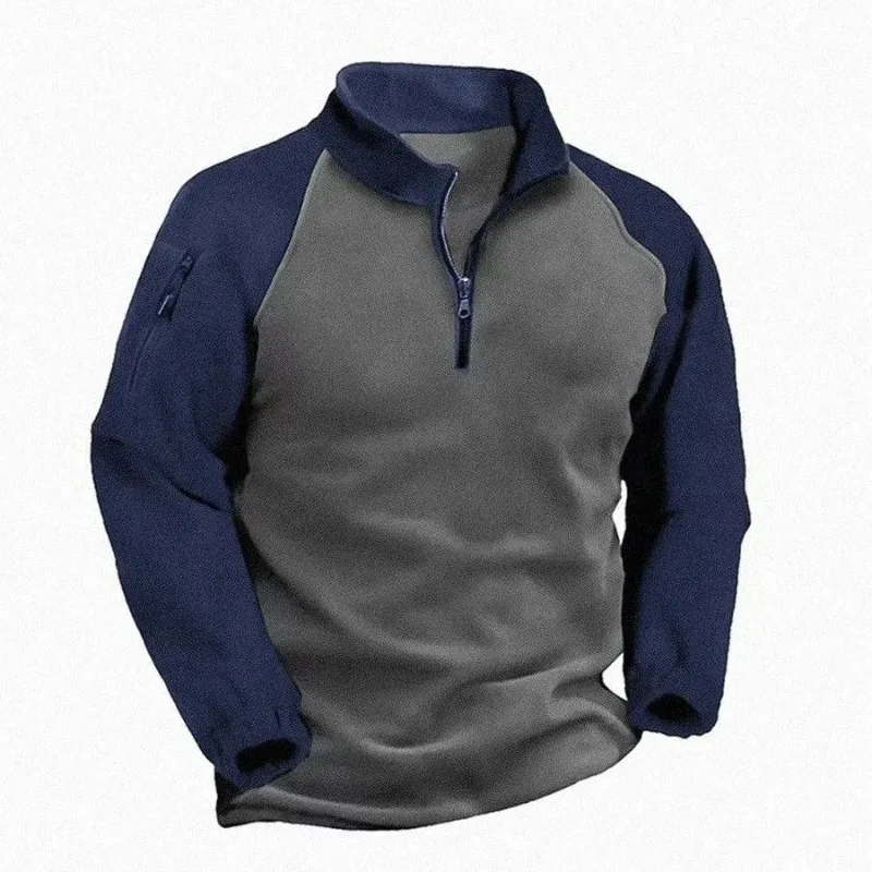 Men American Style Half Zip Stand Collar Fleece Sweatshirt Loose Long Sleeve Patchwork Pullover Outdoor Casual Base Shirt