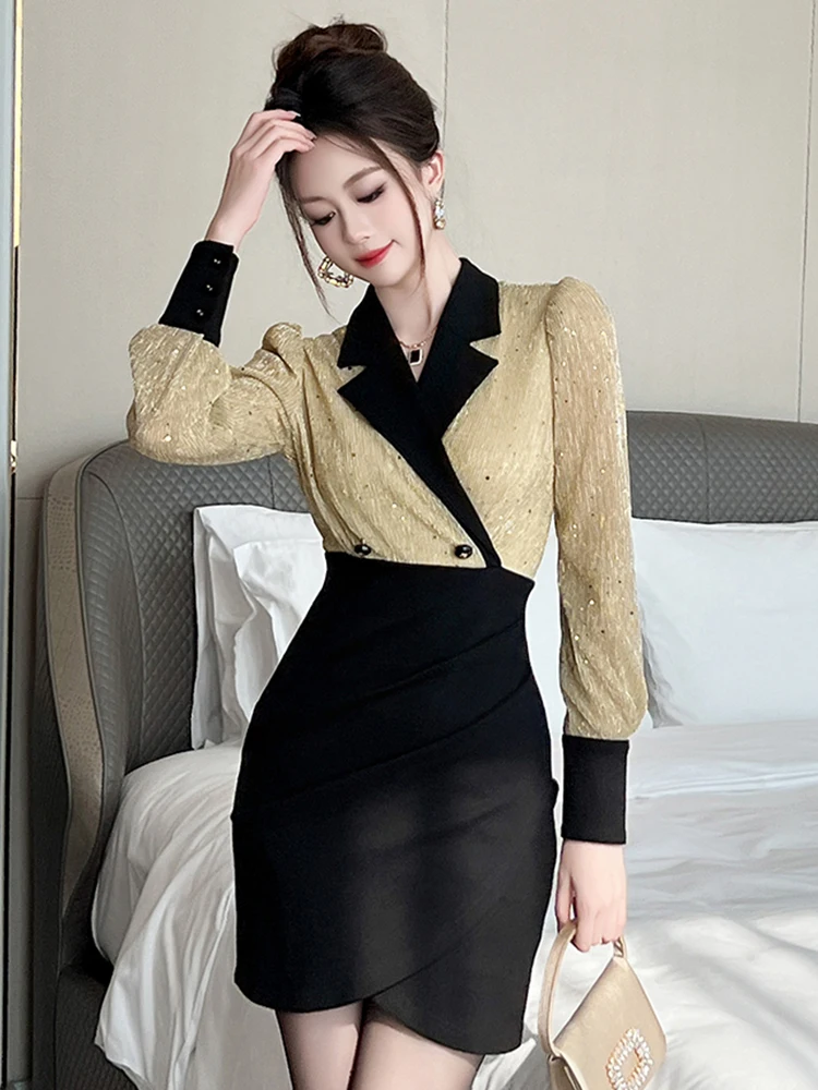 Women Clothes Work Style Formal Long Sleeve Slim Folds Pencil Short Dress Elegant Ladies Casual Vintage Shiny Gold Vestidos New