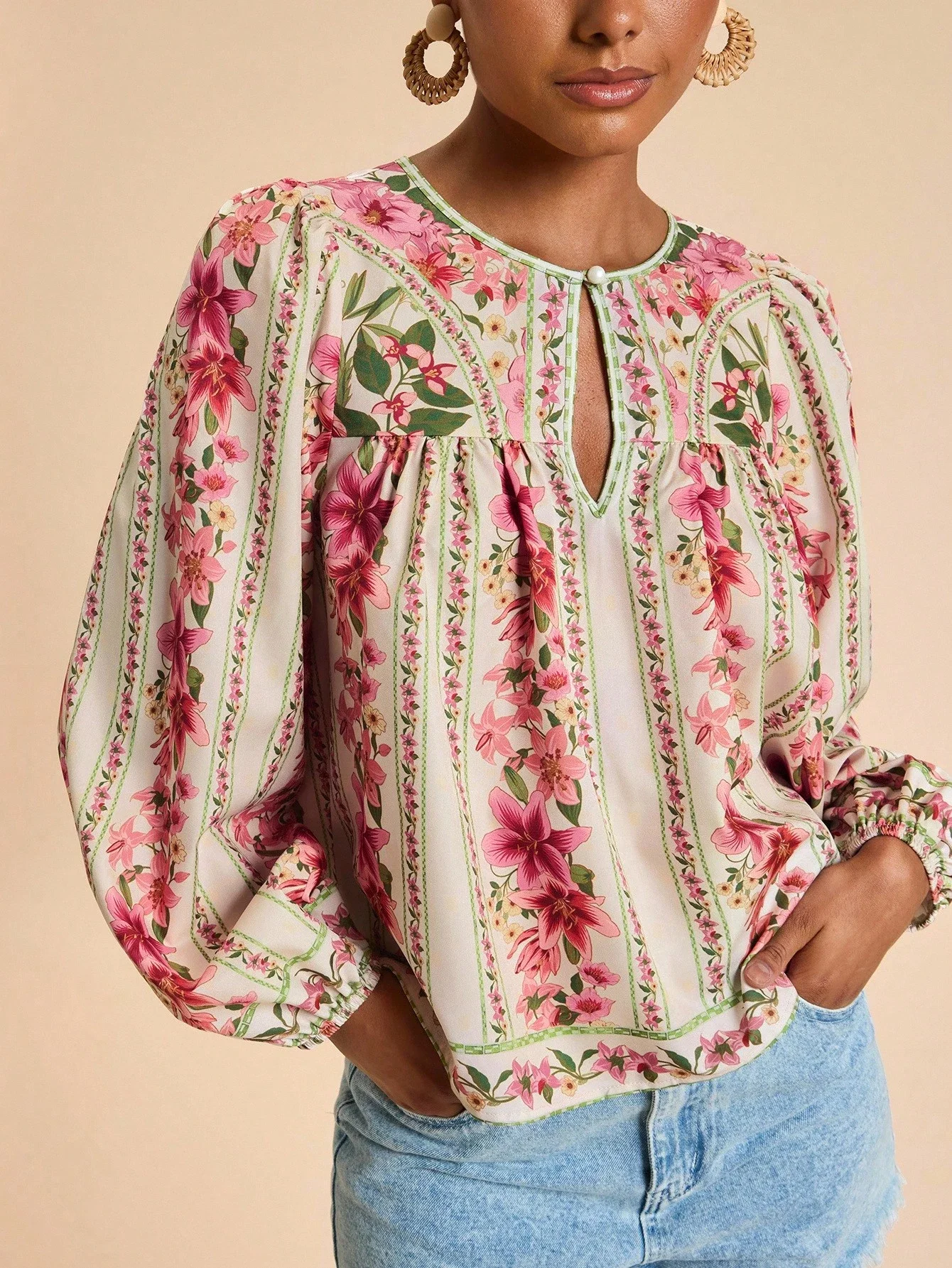 

Floral Print Long Sleeve Blouse Puff Sleeve Boho Peasant Top Casual Women Shirt