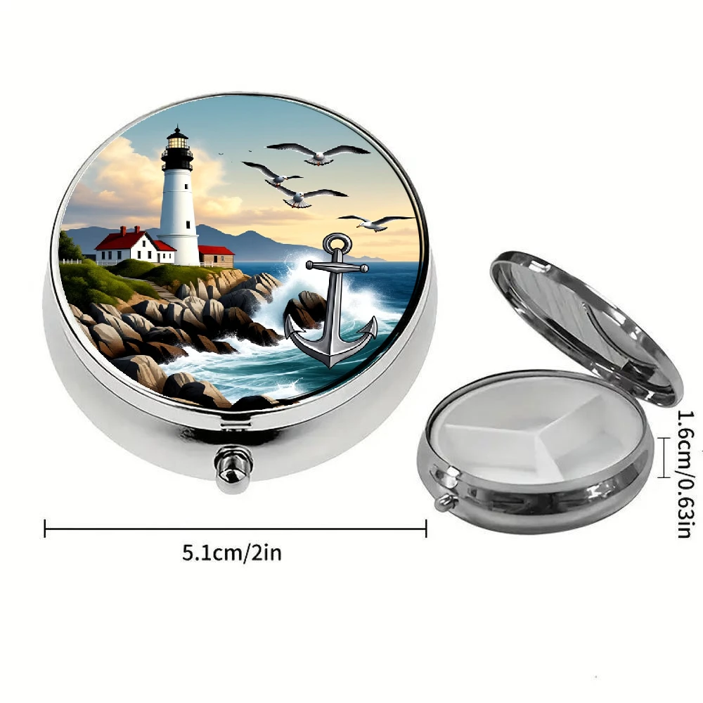 Two-Dimensional Pill Box Organizer with Lighthouse and Coastal Scenery, Featuring an Anchor and Seagull It Has Three Compartments, Is Portable, and Easy to Fit into a Wallet or Purse, Making It an Ideal Choice for Travel and Family Needs.