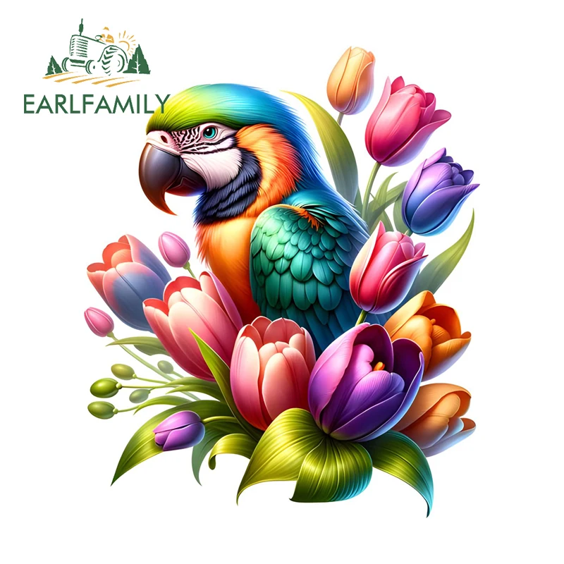 EARLFAMILY Parrot With Tulip Animal Car Stickers Humorous Motorcycle Trunk Decals PVC Suitable For All Types Of Vehicles