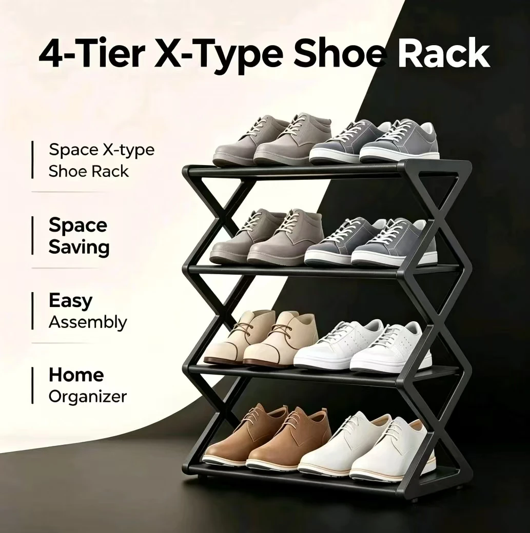 Home 4-Tier X-Type Shoe Rack, Space Saving Solid Color Easy Assembly Shoe Storage Shelf for Porch Entrance Living Room