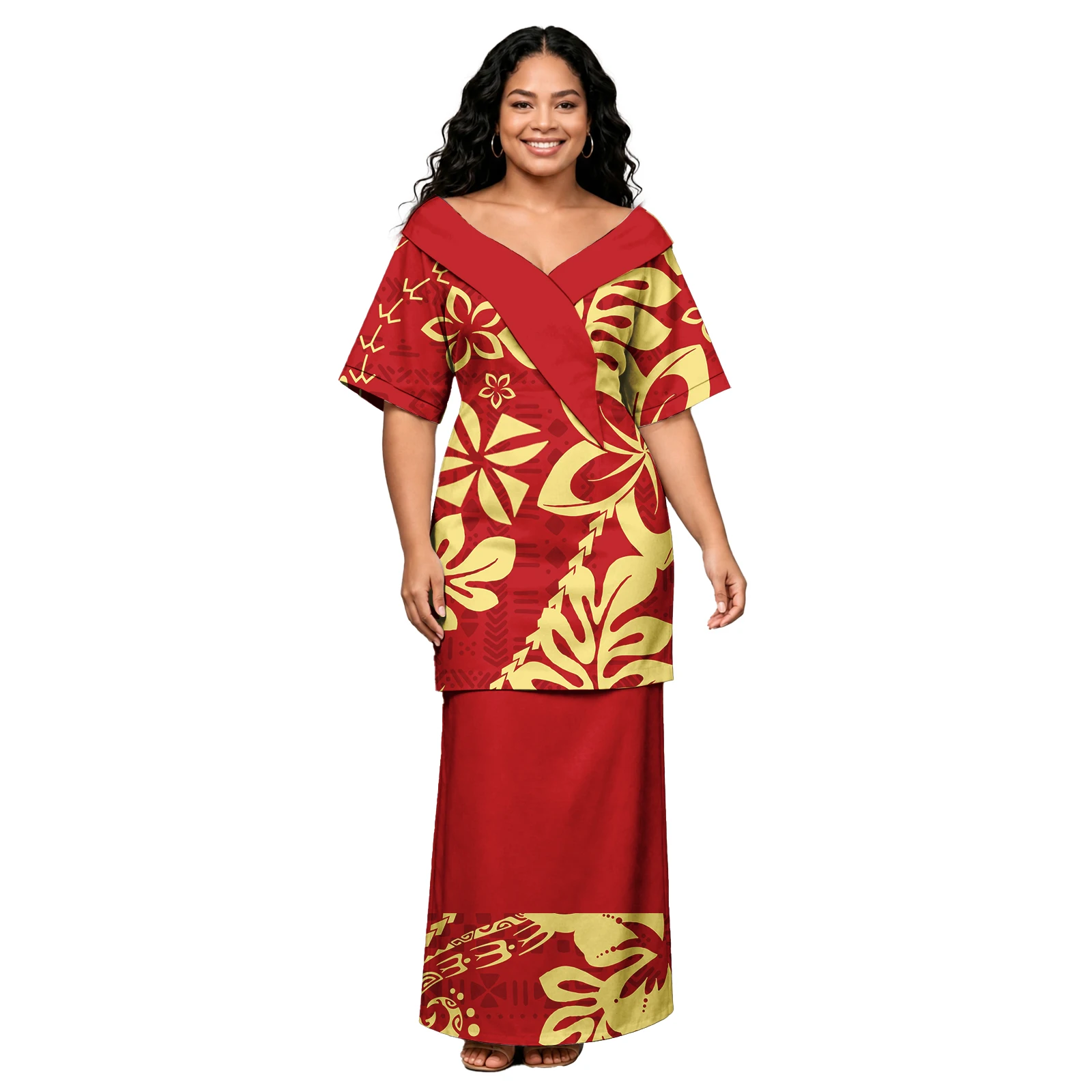 Custom Hawaii Floral Print Women Puletasi Polynesian Island Ladies 2 Piece Set Dress Tribal Design Y-Neck Shawls Samoan Puletasi