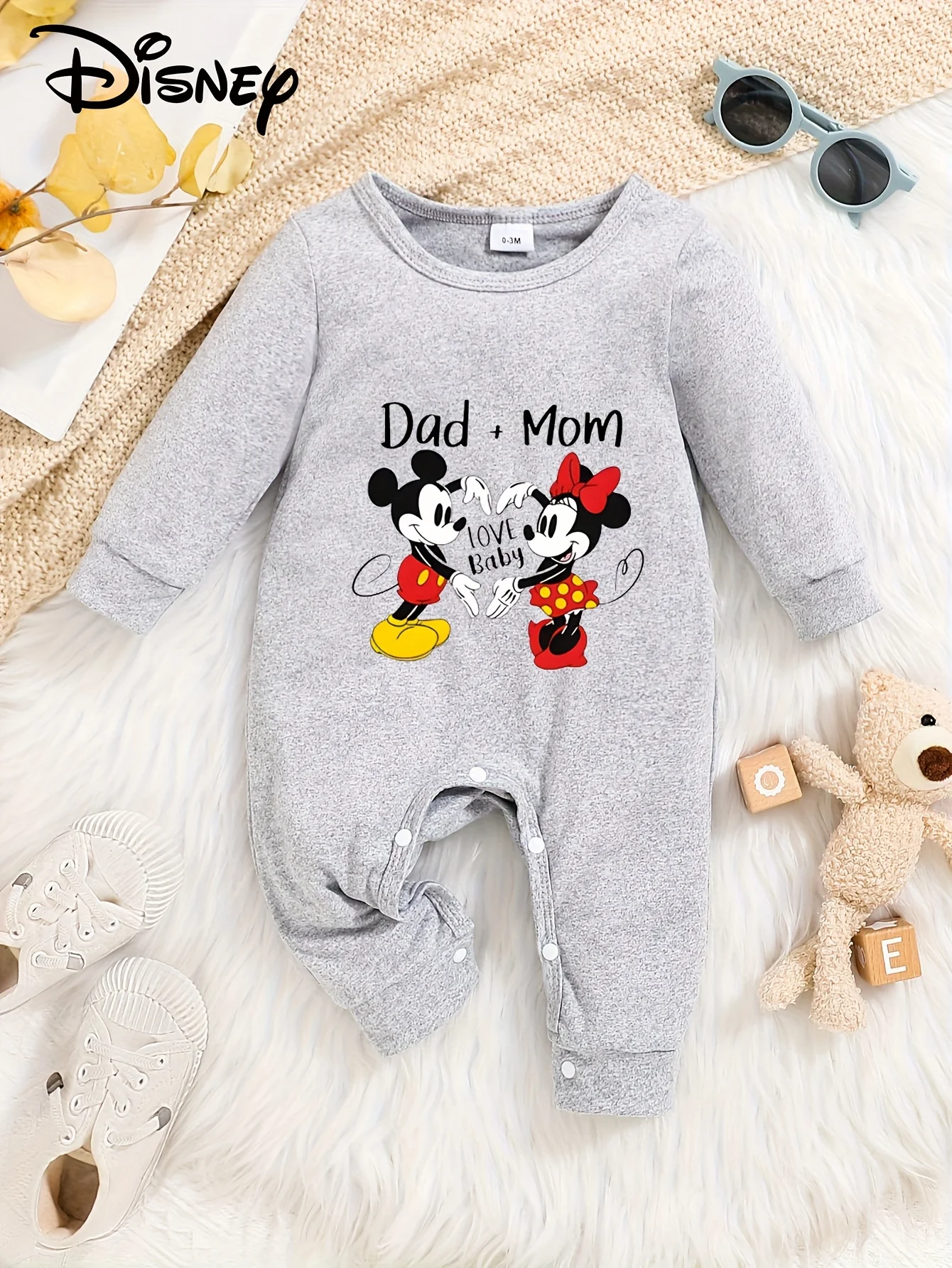 【Authorized】Disney Minnie Mouse Baby Long-Sleeve Romper, Cute Pattern Print, Round Neck, Soft and Comfortable, Machine Washable, Suitable for All Seasons, Suitable for Outdoor Wear