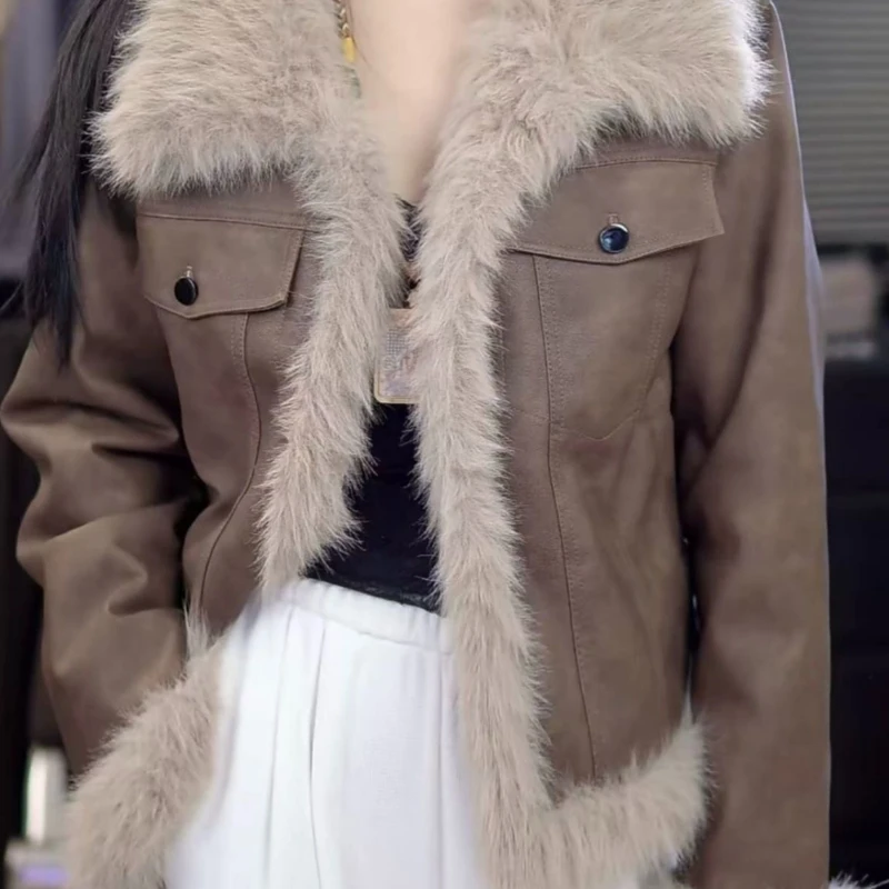 الاتجاه خمر المرأة سترة جلدية جديدة الصوف اصطف شتاء دافئ الفراء الجلود المرقعة معطف عالية الجودة فو سترة جلدية #5