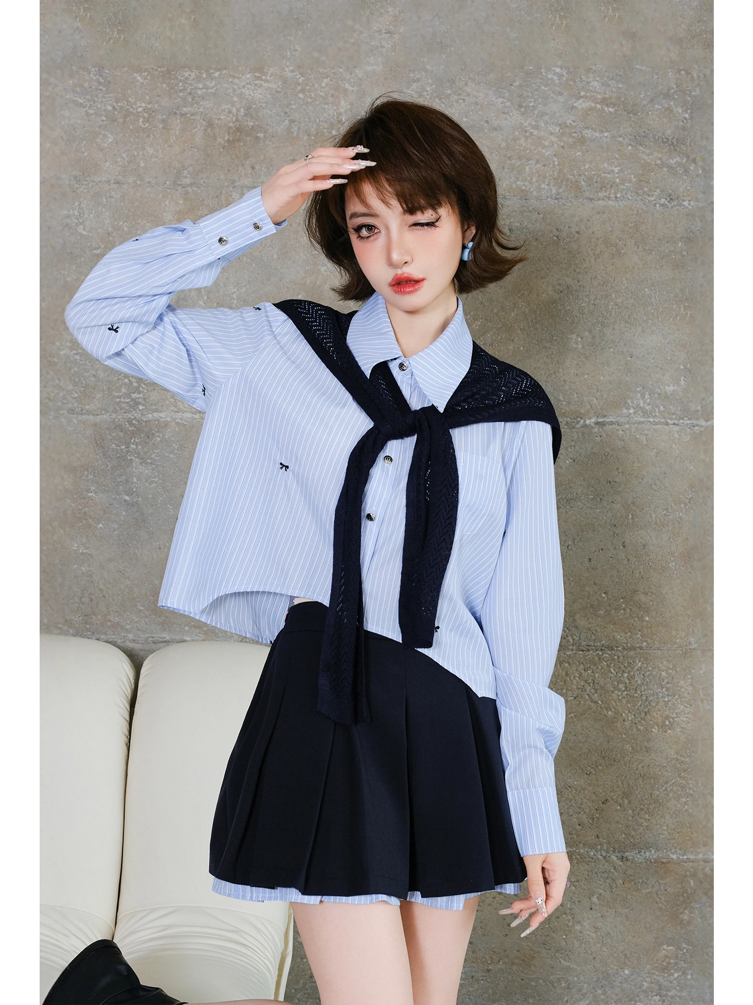 

MIUCO Fashionable Stripe Embroidery Shirt And Skirt Set Women's Short Pleated Skirt Two-Piece Set Stylish Age-Defying