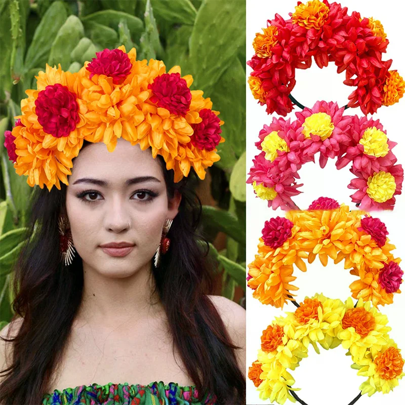 1-10PCS Marigold Flower Headband Day Of The Dead High Crown Floral Headpiece For Carnival Party Performance Women
