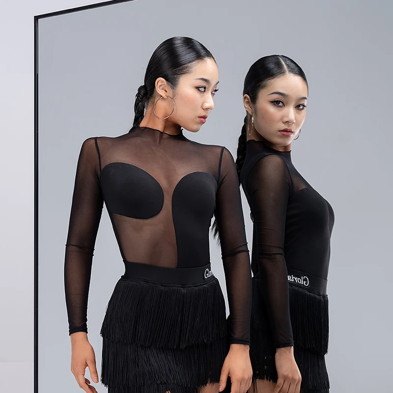 Sexy Mesh Perspective Latin Dance Clothes Black Long Sleeve Tops Adult Women ChaCha Performance Wear Practice Clothes VDB7360