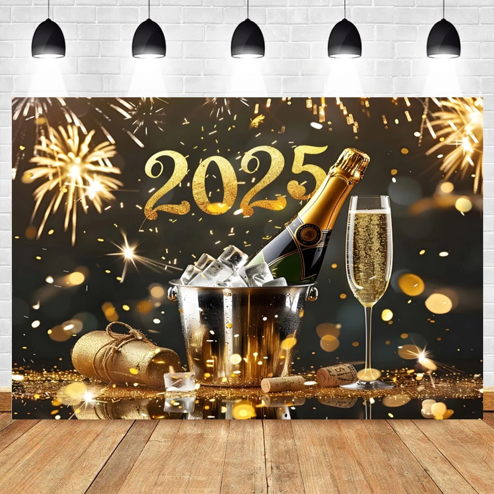 2025 New Year\'S Decor Backdrop Fireworks Champagne Golden Balloon Banner Celebrate Party Family Poster Photography Background