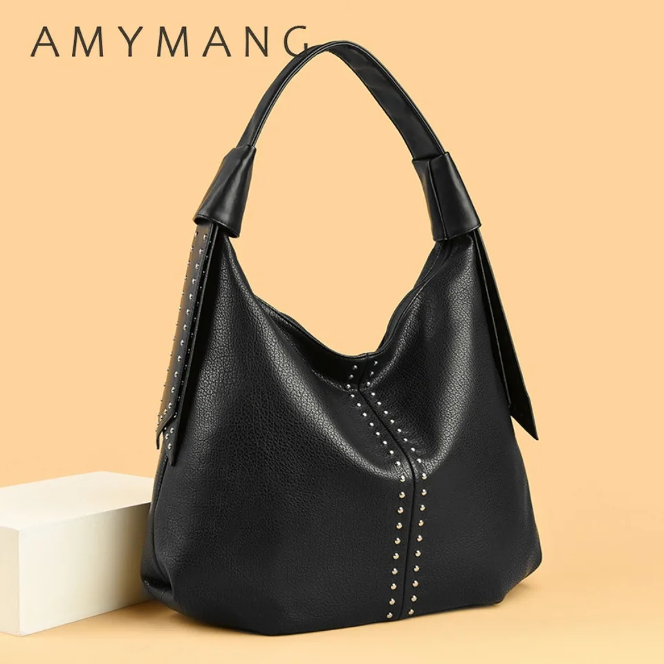 Women High Quality Soft Leather Hobo Tote Bag Vintage Rivet Design Large Capacity Shoulder Handbag Ladies Daily Work Office Use
