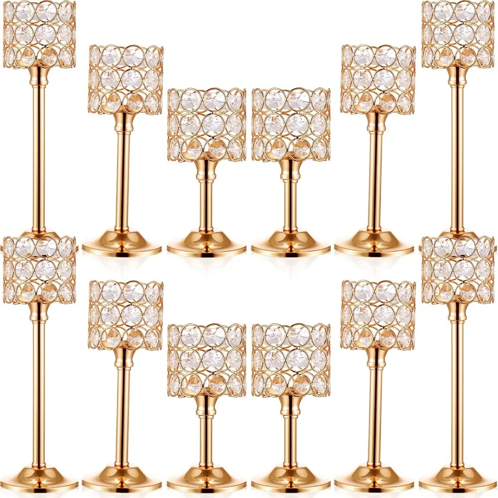 12 Pieces Crystal Candle Holders Set 3 Sizes Tall Crystal Wedding Candlestick Holders Pillar Candelabra Stand