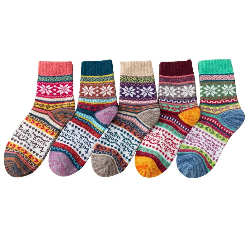 5 زوج الخريف/الشتاء الجوارب النسائية الدافئة العرقية نمط سميكة الدافئة المرأة الجوارب الصوفية الأوسط جوارب أنبوبية #5