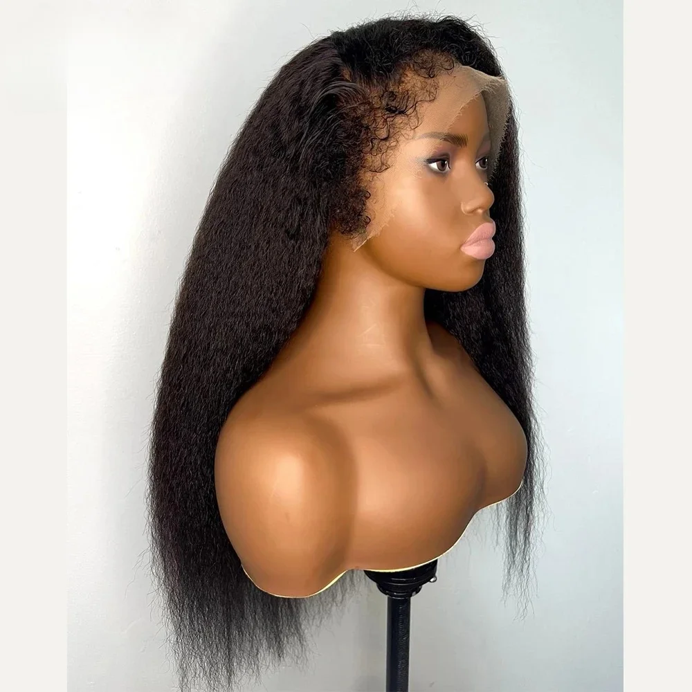 

Soft Long Glueless 24Inch Kinky Straight Yaki Natural Black Lace Front Wig For Women With Baby Hair Synthetic Preplucked Daily