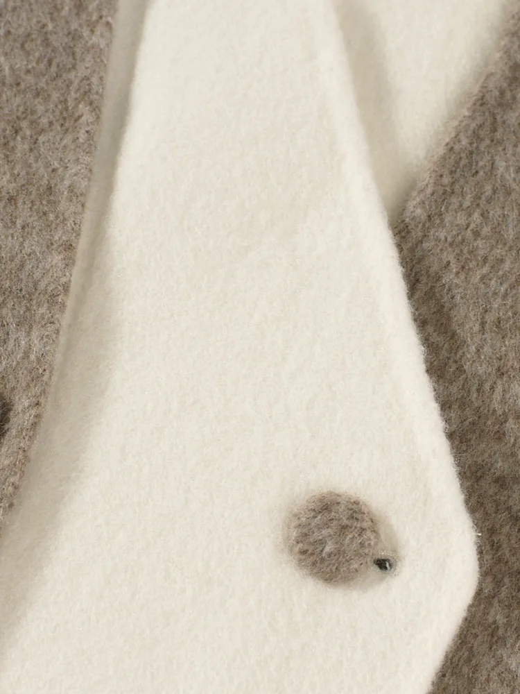 ZMEENNA Women's Elegant Two Tone Wool Blend Long Winter Coat With Detachable Scarf Contrast Cuffs Double Breasted ZM3347