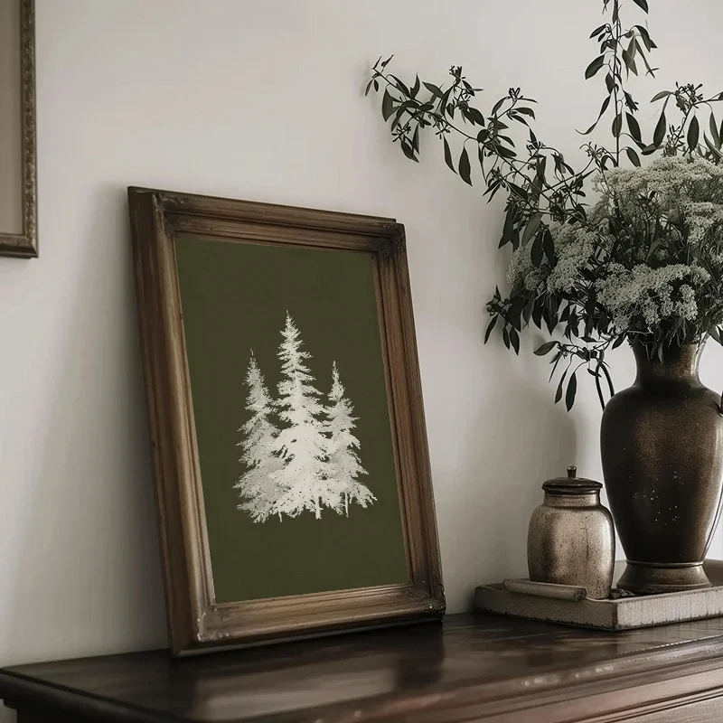 1pc frameless Canvas Painting 1pc frameless Canvas Painting Nordic Botanical Pine Tree Fern Leaf Wildflower Poster Vintage Olive