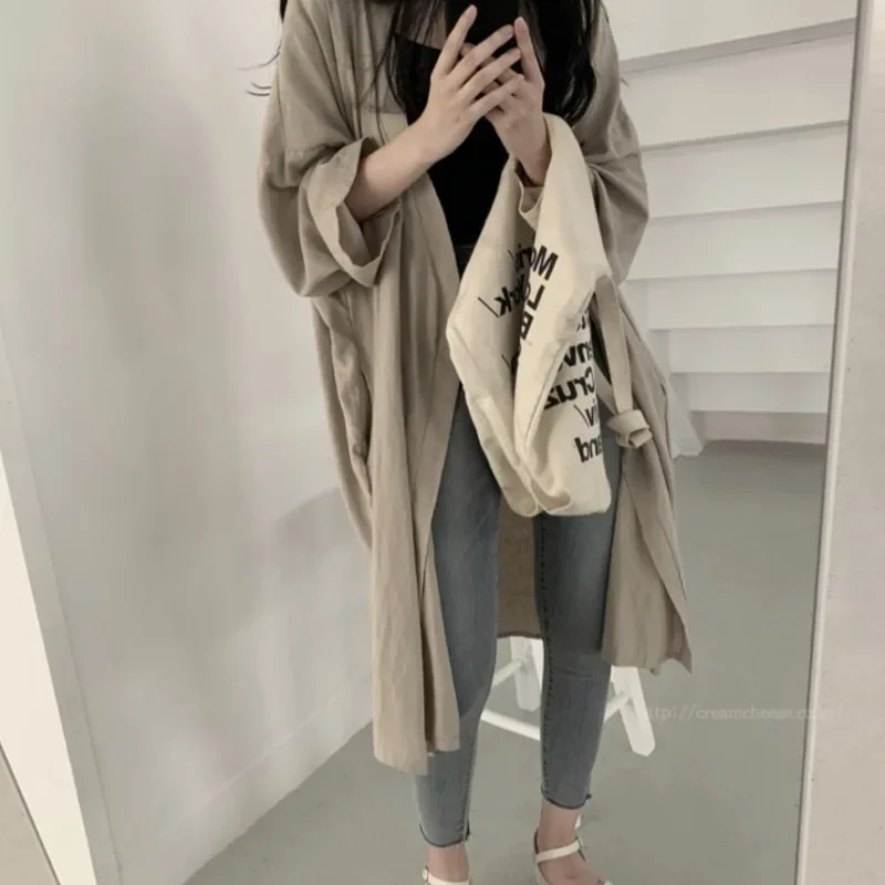 Korean Fashion Loose Solid Colors Thin Trench Spring Summer Keep Warm Windproof Cardigan Women Long Sleeve T-shirts Casual Tops