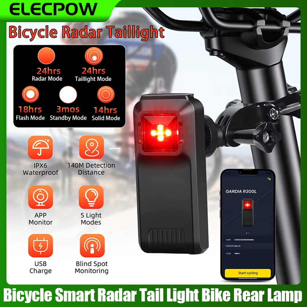 

Elecpow Bicycle Smart Radar Tail Light Bike Safe Rear Lamp Blind Spot Monitor IPX6 Waterproof Brake Sensing Lamp 4 Lighting Mod