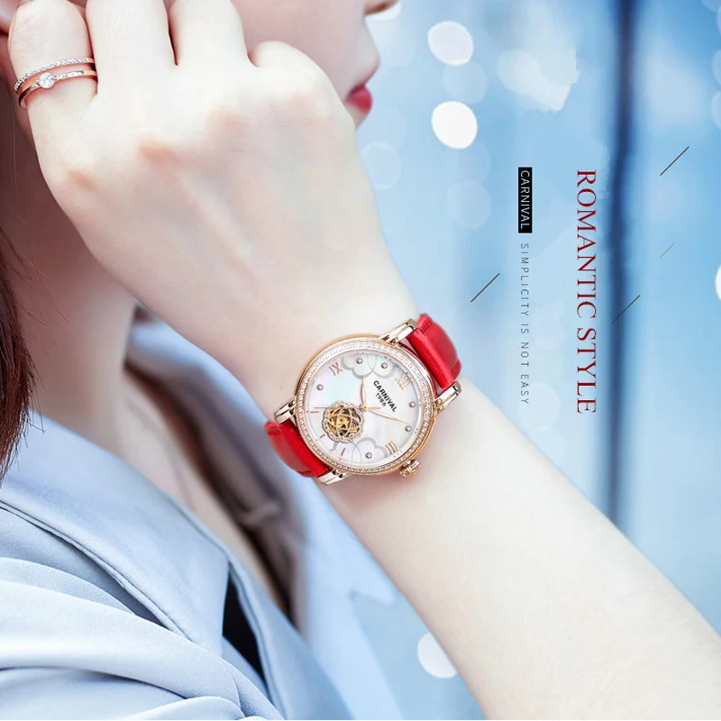 CARNIVAL Brand Luxury Mechanical Watch for Women Ladies Rose Gold Silver Automatic Movement Wristwatches Waterproof Reloj Mujer