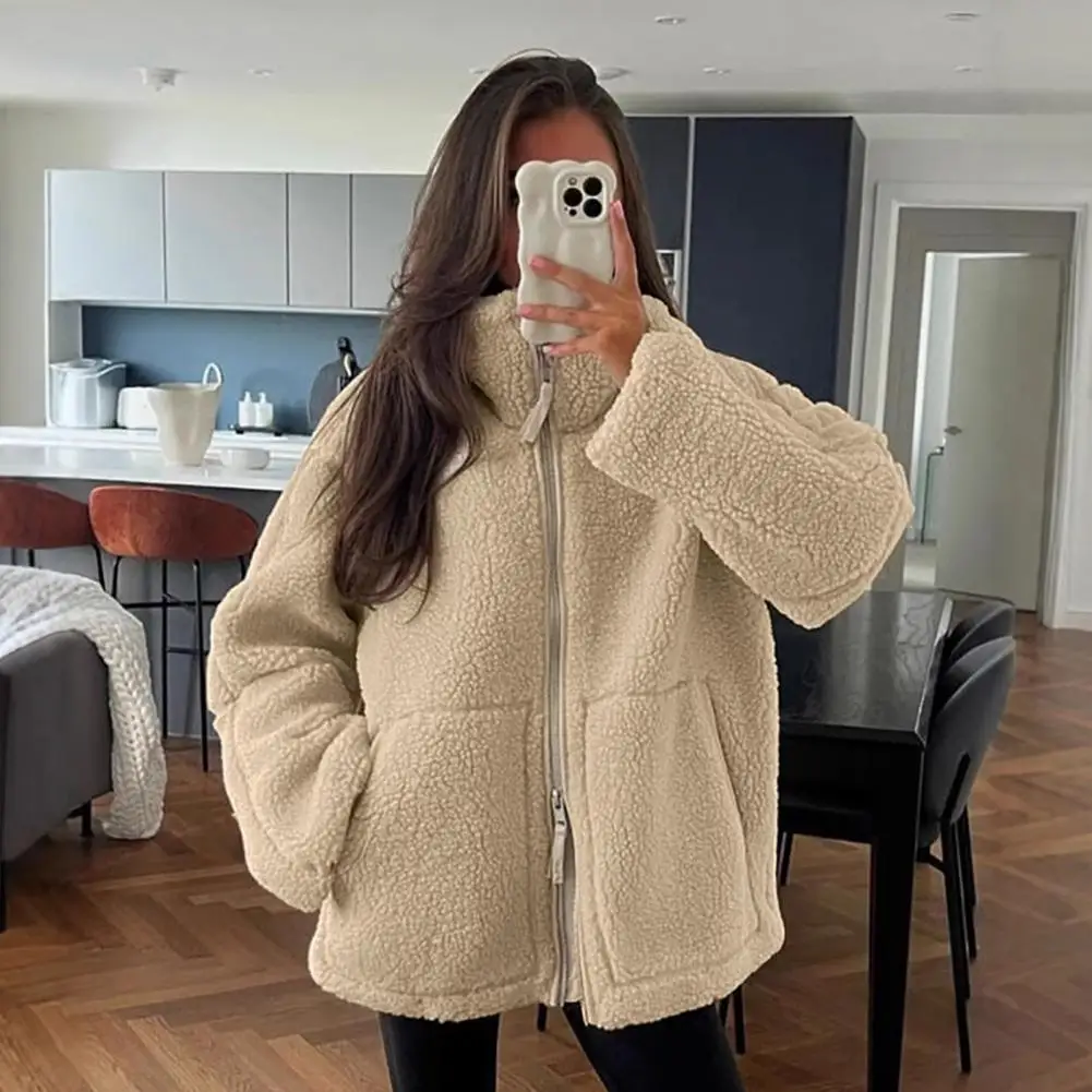 Winter Coat Cozy Sherpa Fleece Jacket with Zip Up Stand Collar Pockets for Women Warm Winter Outerwear Fall Coat Women Polyester