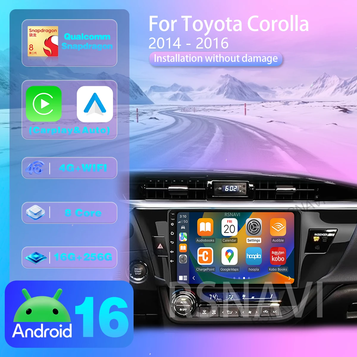 Android 16 Für Toyota Corolla 2014 - 2016 Carplay Auto Qualcomm 2K QLED Bildschirm Autoradio GPS-Navigation DVR 360 Kamera