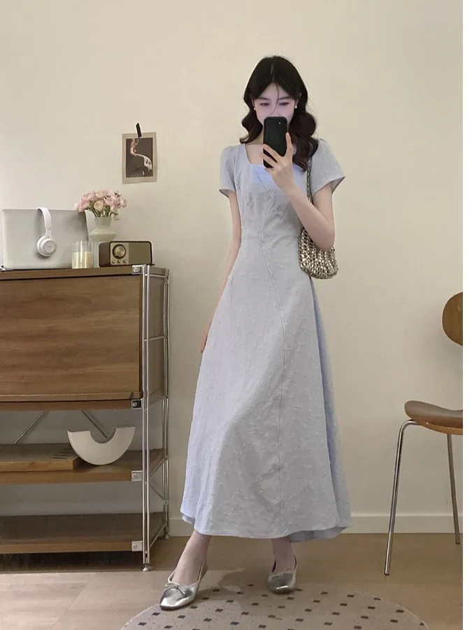 

plus Size Women's Blue Floral Embroidery Square Collar Short Sleeve Dress Summer New Style A-Line Dress High Waist Commute Style