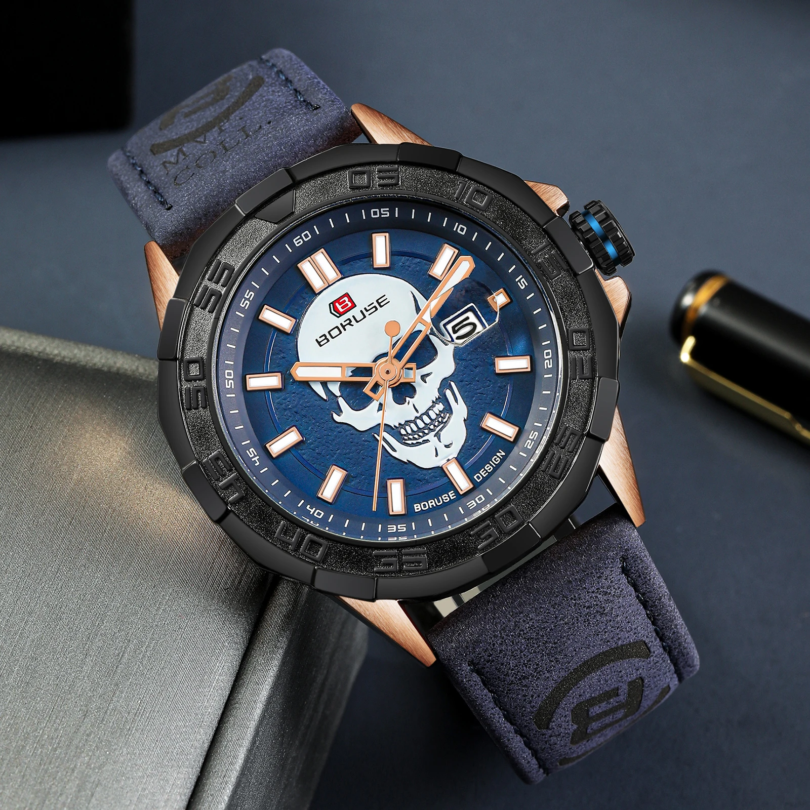 Boruse Heren Blauwe Horloges Mode Multifunctioneel Heren Polshorloge Chronograaf Luxe Quartz Horloge Voor Heren