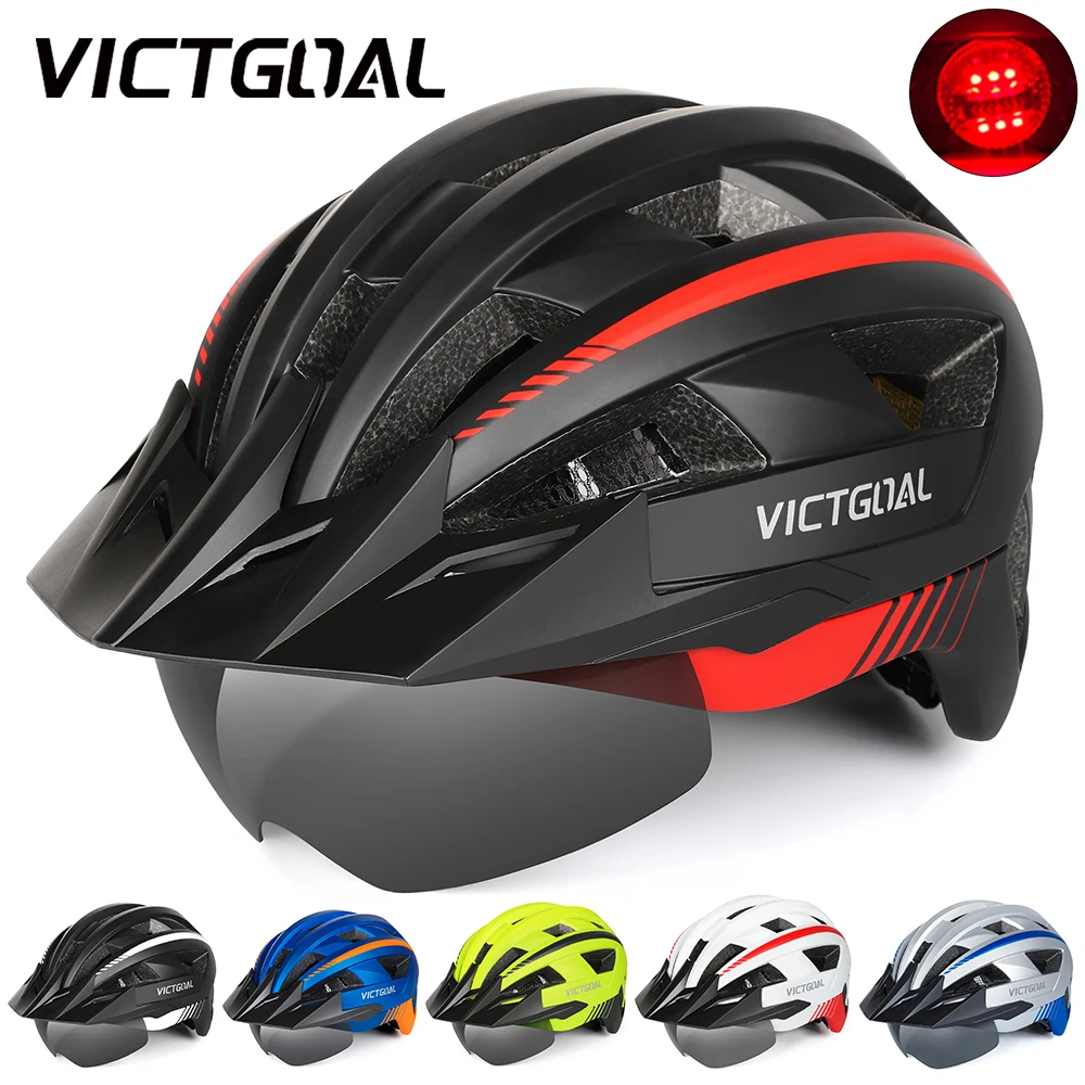 VICTGOAL MTB Bike Helmet for Men Women Visor Goggles LED Rear Light Mountain Road Bicycle Helmets Racing Cycling Safety Riding