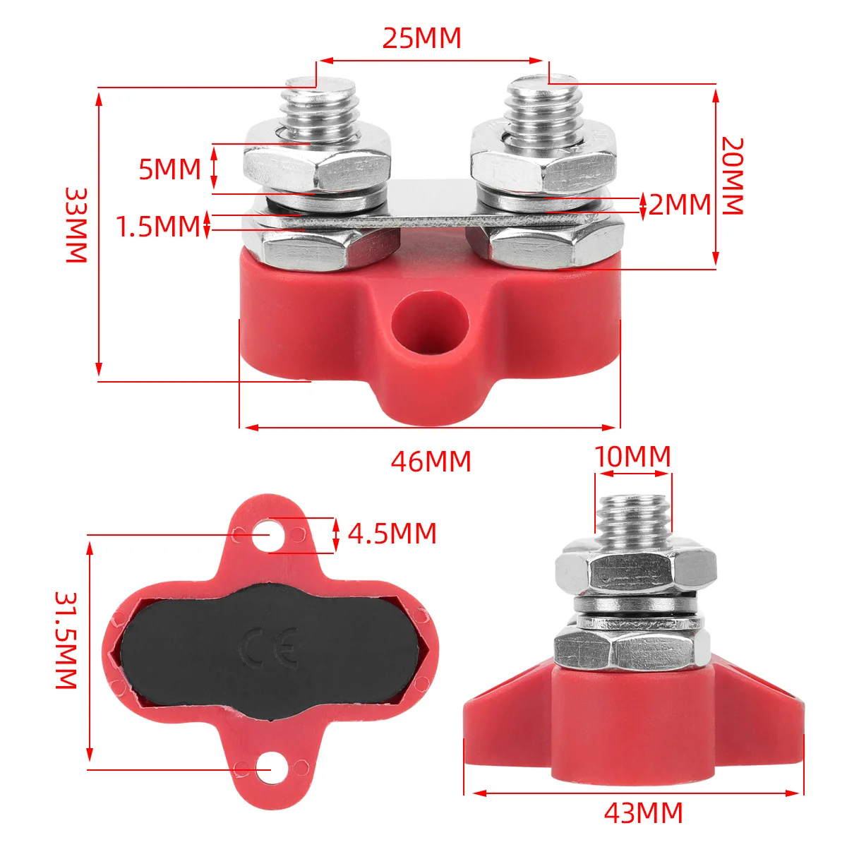 2pcs For M10 Dual Post For Battery Terminal Red Black For Vehicle RV Boat Yacht Boat Parts & Accessories