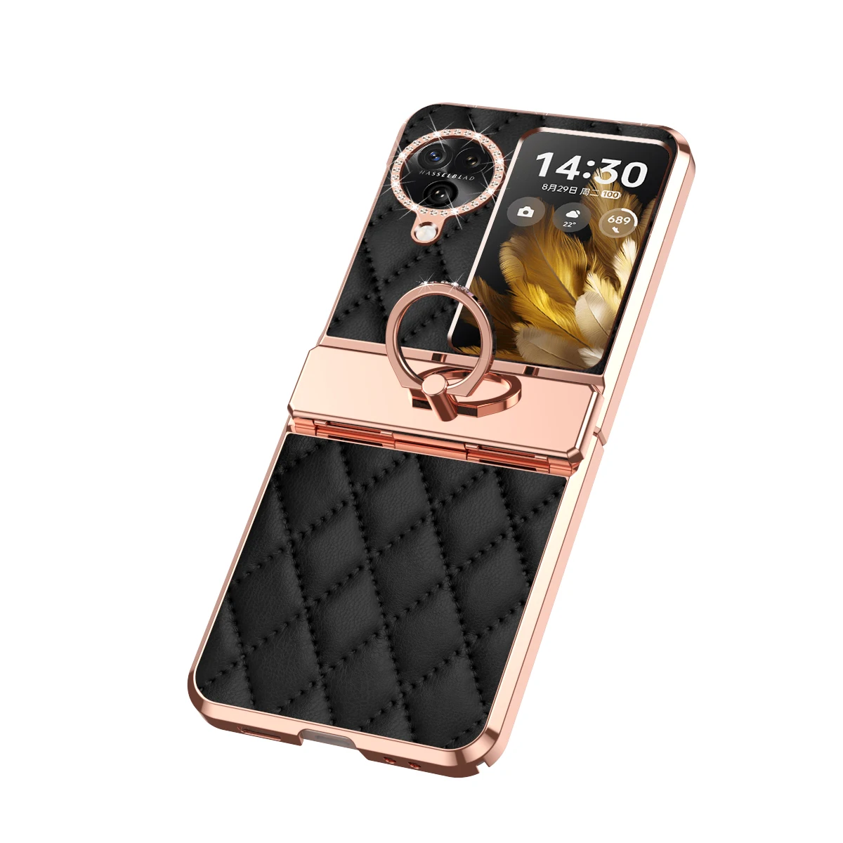 

Rhinestone Glitter Bling Trim Diamond Pu Leather Phone Case For OPPO Find N3 Flip With Ring Hinge Plating Plastic Cover