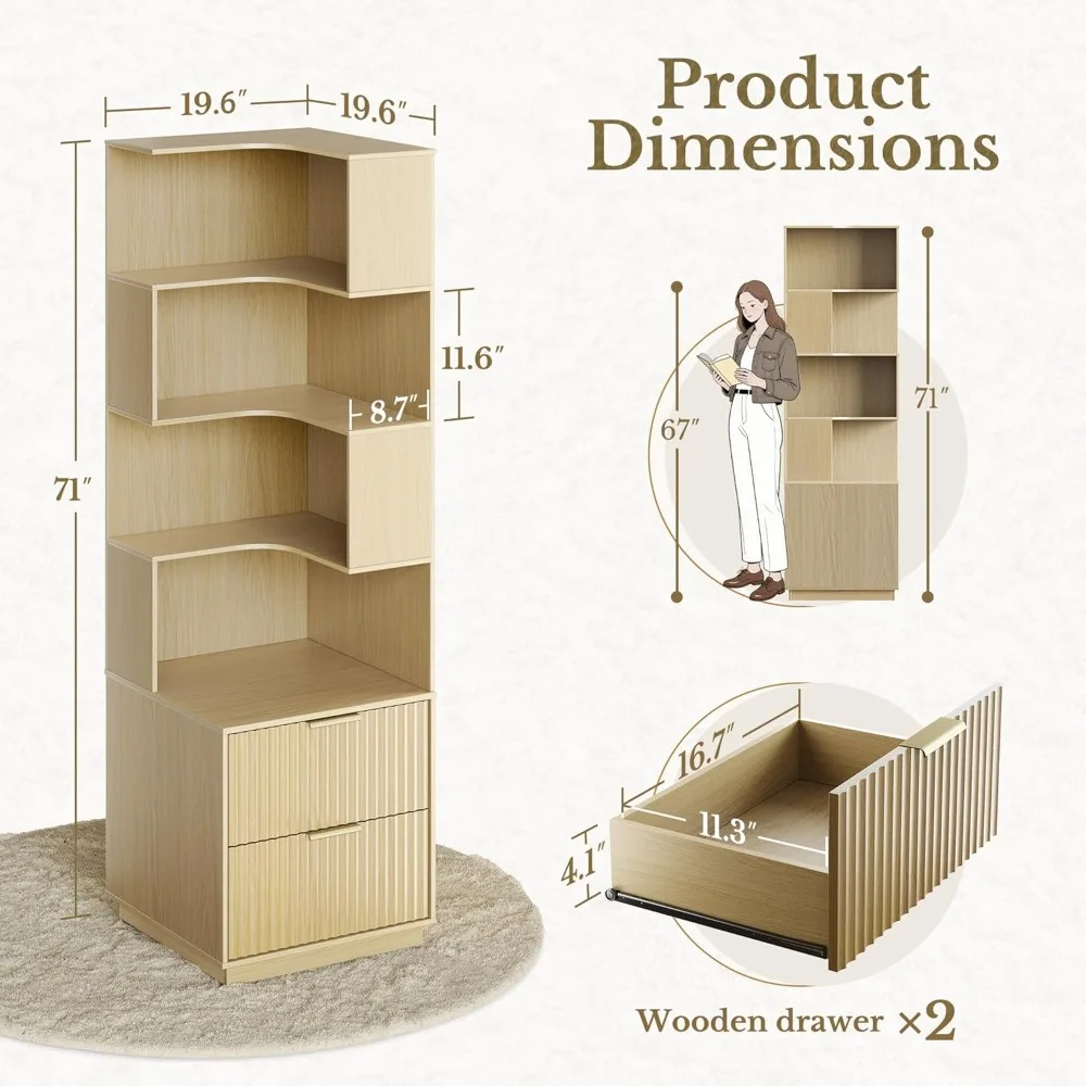 71-Inch Tall Corner Bookshelf with Drawers and 5-Tier Storage Display Rack