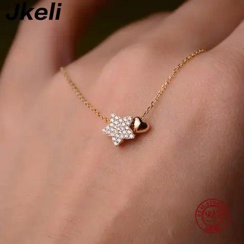 Jkeli 진짜 925 스털링 실버 목걸이 여성을위한 달콤한 스타 하트 펜던트 18k 목걸이 결혼식 성명 파인 쥬얼리