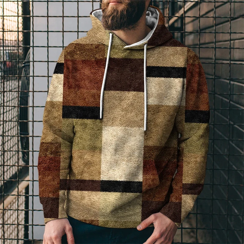 Funny Men's Hoodie Stitching Plaid Print 3D SimulationHooded Sweatshirts Men Clothing Oversized Street Designer Pullovers