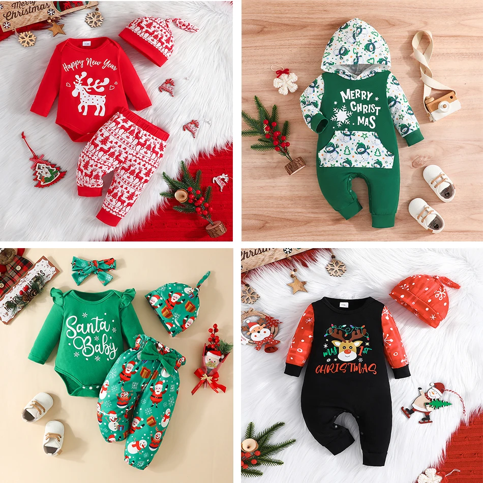 Toddlers Tracksuit Kid Christmas Elk Santa Claus Costume Print Cute Creeper Clothing Tops and Pants Baby Boys Girls Hooded Suit