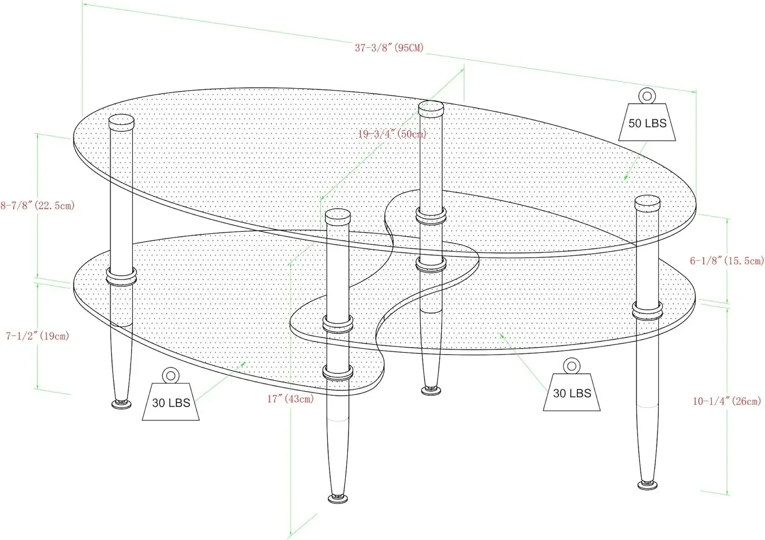 Table Basse Ovale Moderne en Verre de 37 Pouces, Étagère de Rangement pour Salon