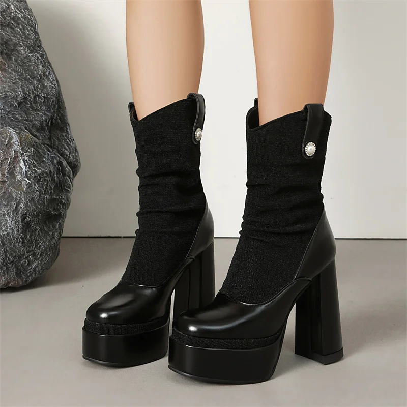 

YMECHIC 2025, черные обтягивающие эластичные ботинки на массивной платформе в стиле панк, женская обувь до щиколотки на толстой подошве, вечерние женские туфли без шнуровки в стиле пэчворк