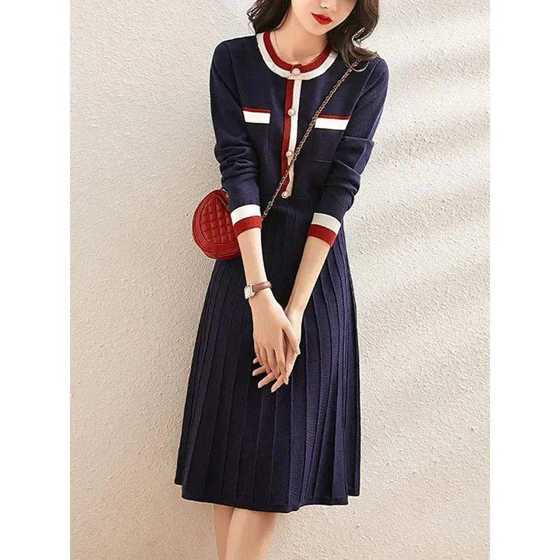 

Autumn and Winter Waist Slimming Cover Belly Navy Blue Mid-length Bottoming Skirt 2022 New Small Fragrant Knitted Dress A-LINE