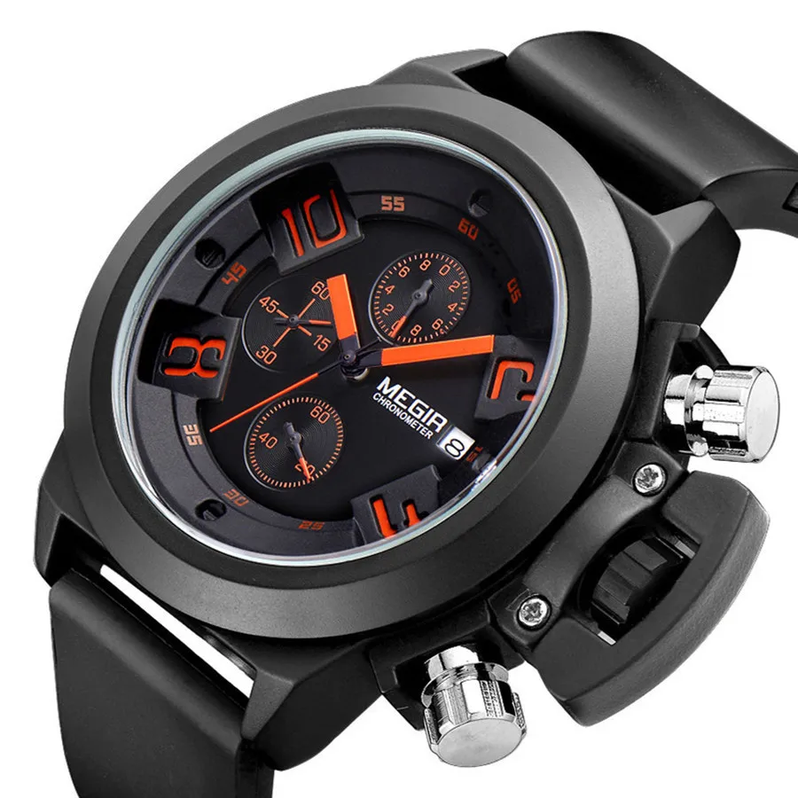 MEGIR Black Silicone Quartz Watch Luxury Sport Military Wristwatch Men Waterproof Clock Chronograph Large Dial Montre Homme 2002